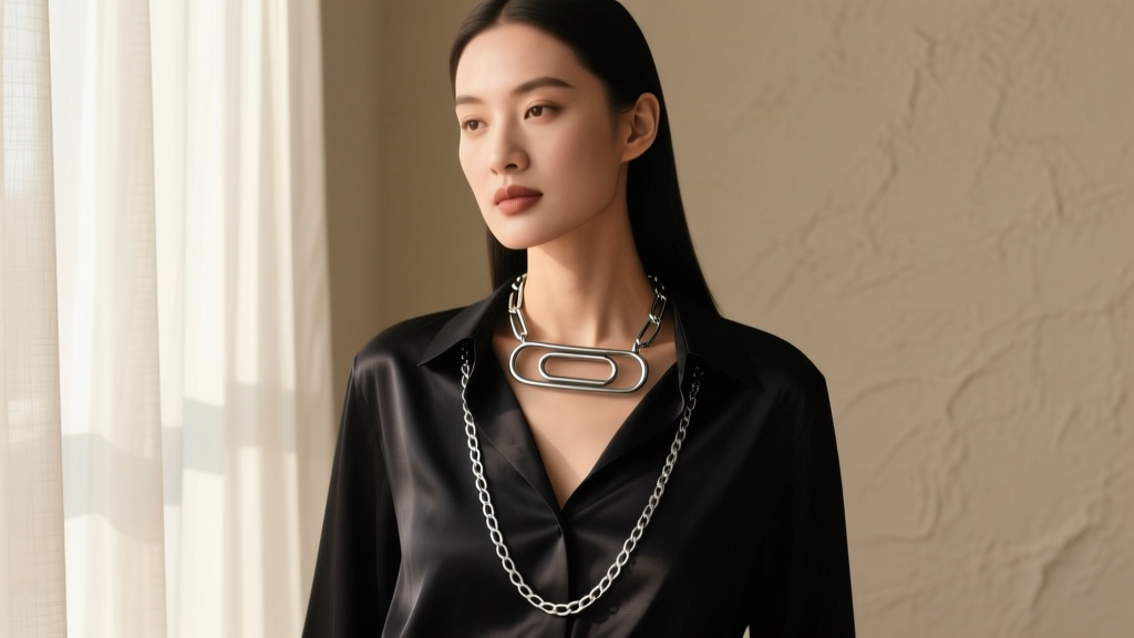 Woman in a dark silk blouse layering a fine silver chain with a thick 20-inch paperclip necklace, captured in soft morning light.