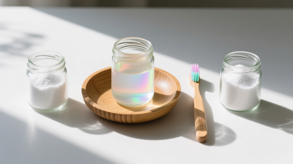 Flat lay of a DIY jewelry cleaning kit with a bamboo dish, pure castile soap, a soft toothbrush, and baking soda in glass jars.