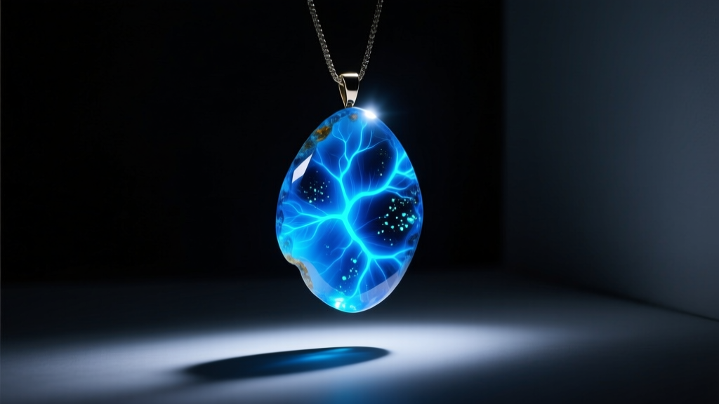 Dark room scene of a UV flashlight illuminating a real Dominican blue amber pendant, casting a vivid neon blue fluorescent glow.