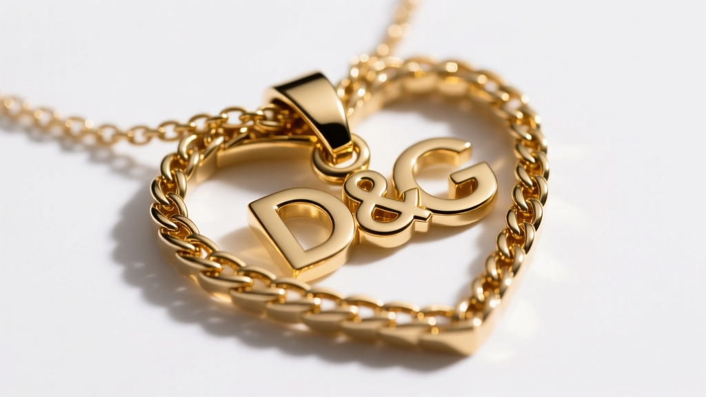 Close-up of a D&G heart necklace chain and lobster clasp, highlighting galvanic gold plating texture under bright macro lighting detail.