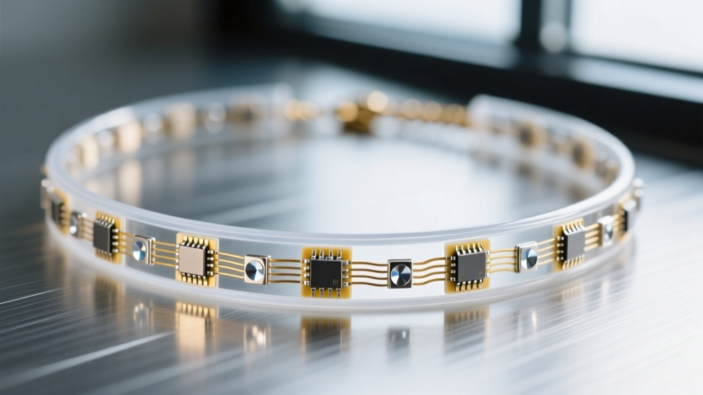 Macro shot of flexible circuit LED necklace wire showing tiny surface-mount chips encased in clear medical-grade silicone tube