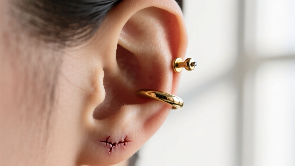 Profile view of a healed cartilage piercing displaying a 16-gauge solid 14k gold seamless hoop with a smooth, polished finish.