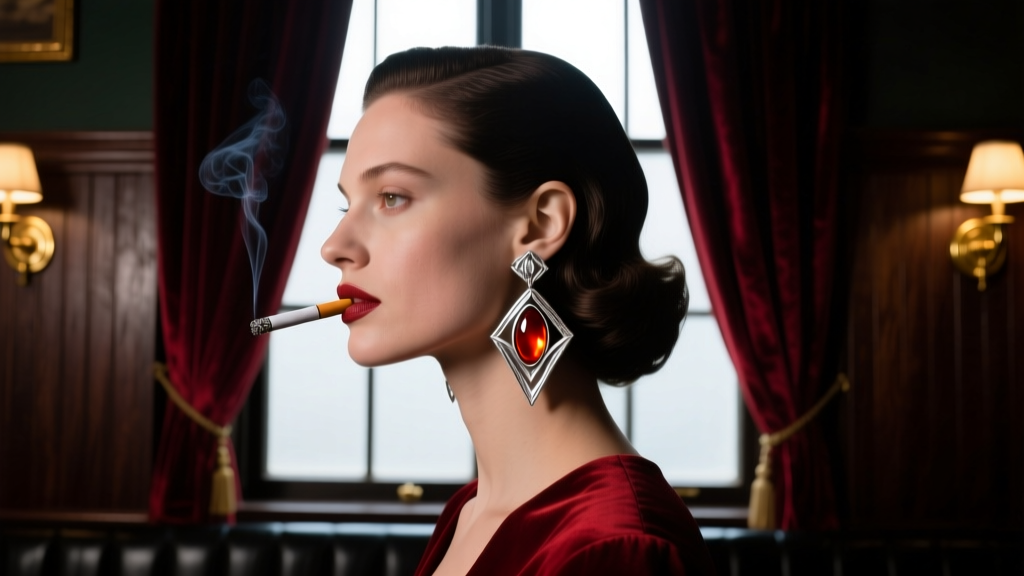 Model wearing avant-garde sterling silver cigarette earrings with carnelian tips against a moody, dimly lit jazz club background.