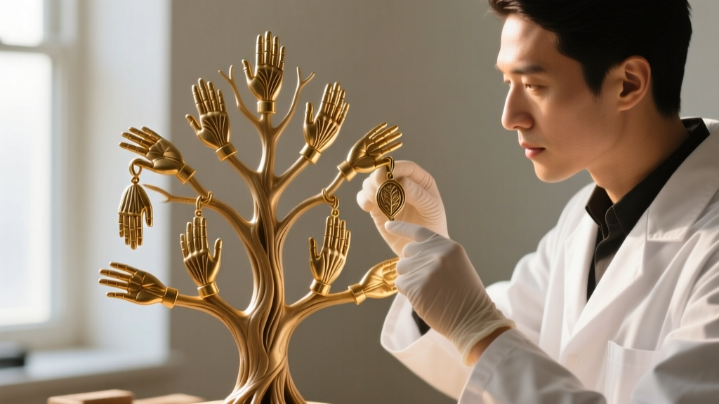 Jeweler inspecting a raw brass wax tree featuring multiple five-finger hand pendants before the lost-wax investment casting process
