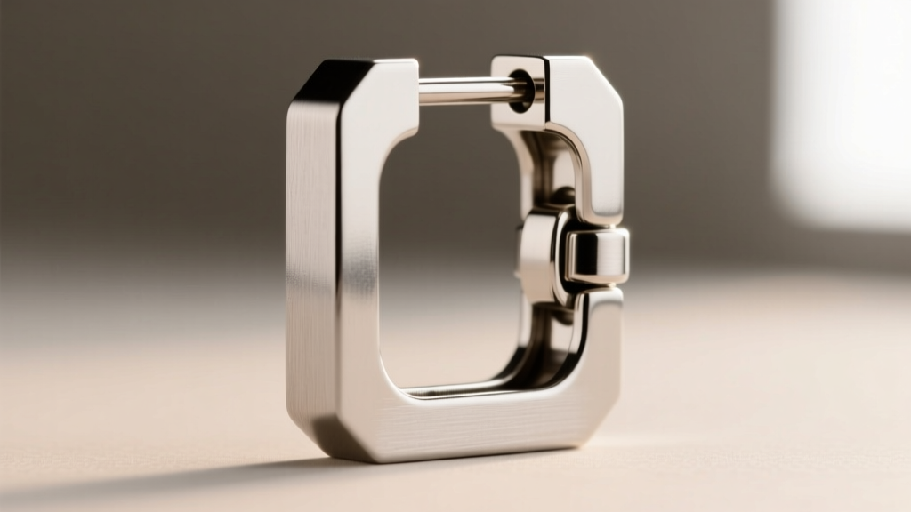 Extreme close-up of a square geometric hoop earring hinge, showing a sturdy 18-gauge wire and secure click-shut clasp joint.