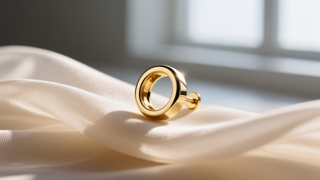 Macro shot of an 18k gold bezel-set stud earring resting on folded chiffon fabric, highlighting smooth edges that prevent snags