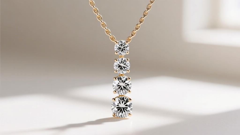 Close-up of a 14k white gold journey necklace pendant featuring four graduating round brilliant diamonds on a delicate cable chain.