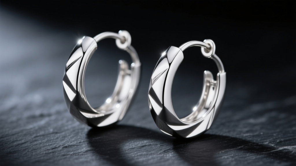 Close-up of delicate 20-gauge argentium silver hoop earrings catching soft studio light against a dark slate background