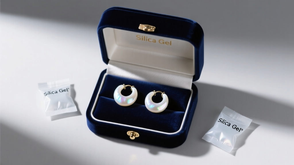 Top-down view of a velvet box holding white mother-of-pearl rose huggie earrings, stored safely next to small silica gel packets.