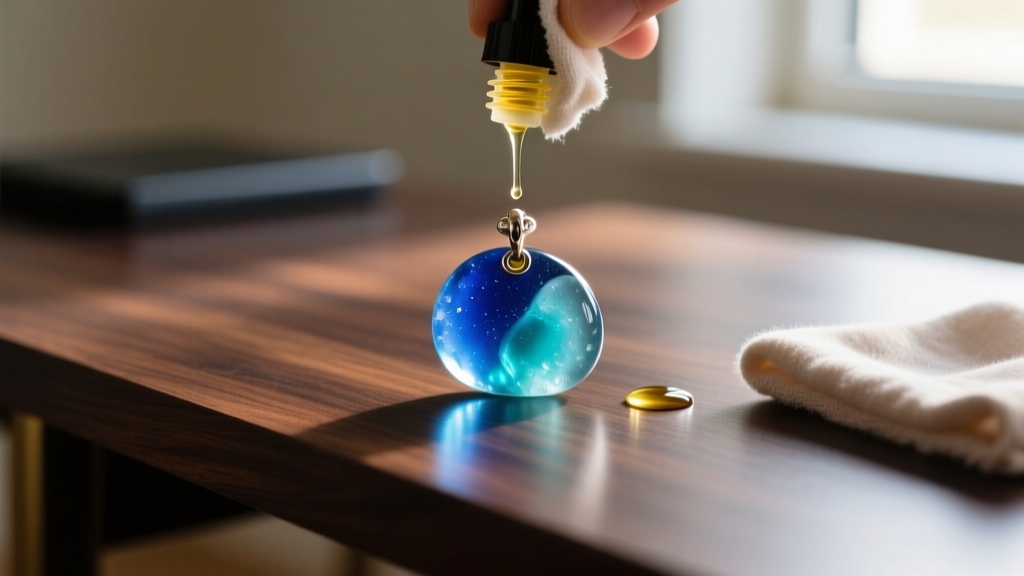 Applying mineral oil to a frosted blue sea glass charm to restore its vibrant color and translucency on a dark wooden desk top
