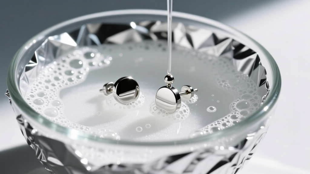 Close-up of 20-gauge silver stud earrings soaking in a glass bowl lined with aluminum foil and bubbling baking soda solution.