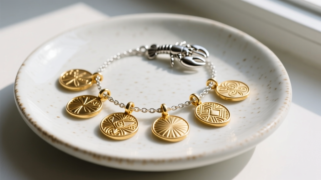 Completed DIY charm necklace on a ceramic dish, showing textured gold vermeil pendants and a secure sterling silver lobster clasp