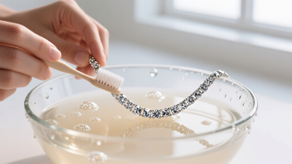 Hands brushing a pave diamond chain with a soft toothbrush in a glass bowl filled with warm, mild soapy water and small bubbles.