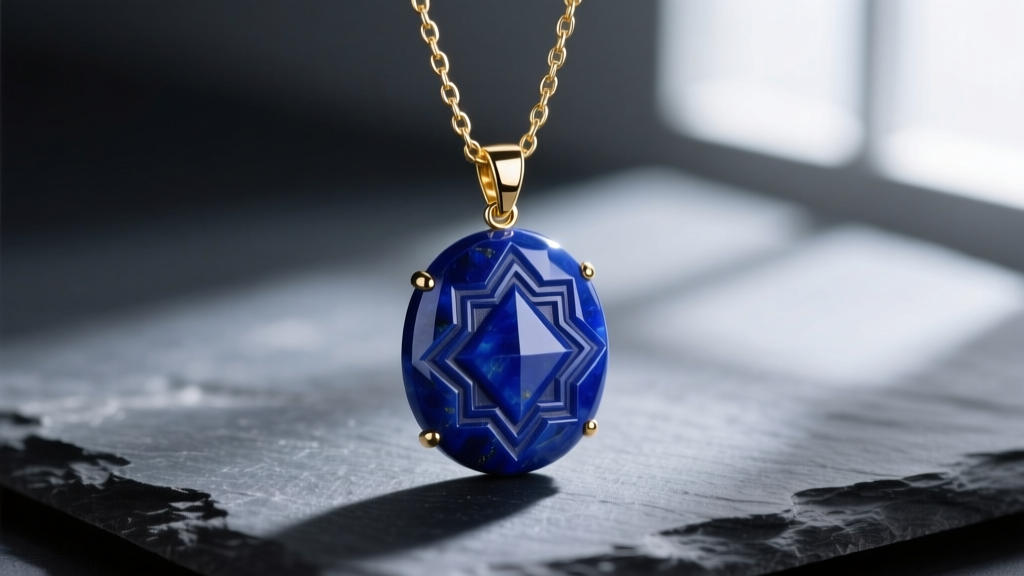 Close-up of a navy blue lapis lazuli pendant on a gold chain, resting on dark slate with soft, moody directional lighting.