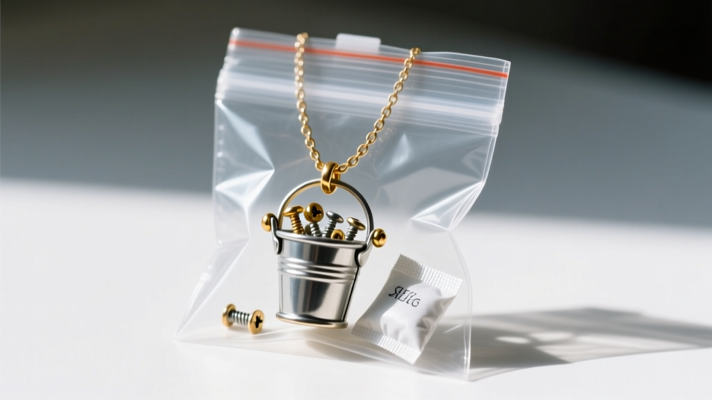A miniature hardware store bucket necklace sealed inside an anti-tarnish ziplock bag with a small silica gel packet for storage.