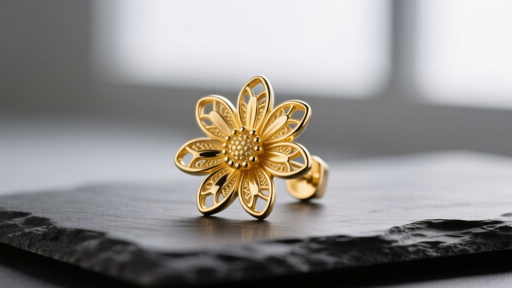 Macro photography of a 14k yellow gold daisy earring showing intricate casting details on the petals, resting on dark slate.