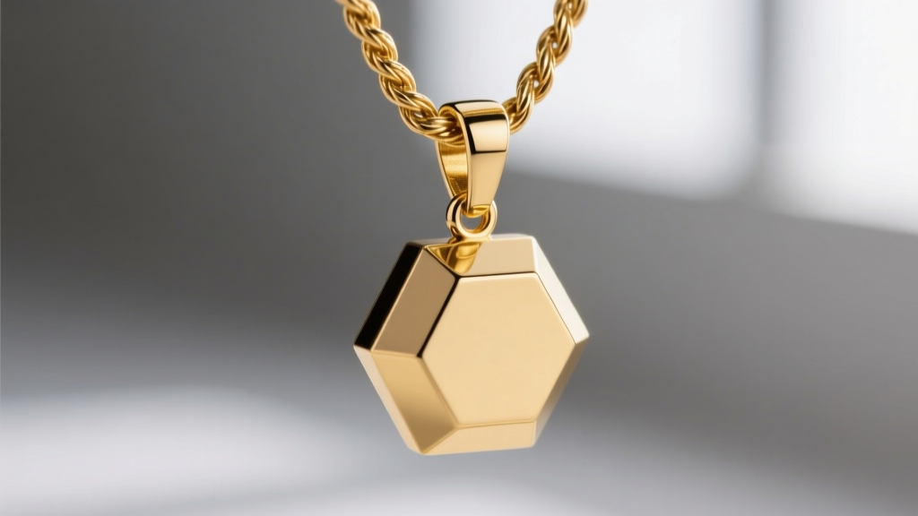Macro shot of a 1.5mm 14k gold rope chain holding a heavy 15-gram solid gold geometric pendant with a reinforced soldered bail