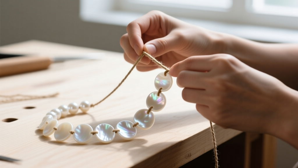 Hands stringing mother of pearl discs onto waxed cotton cord on a wooden workbench, highlighting detailed organic jewelry craft.