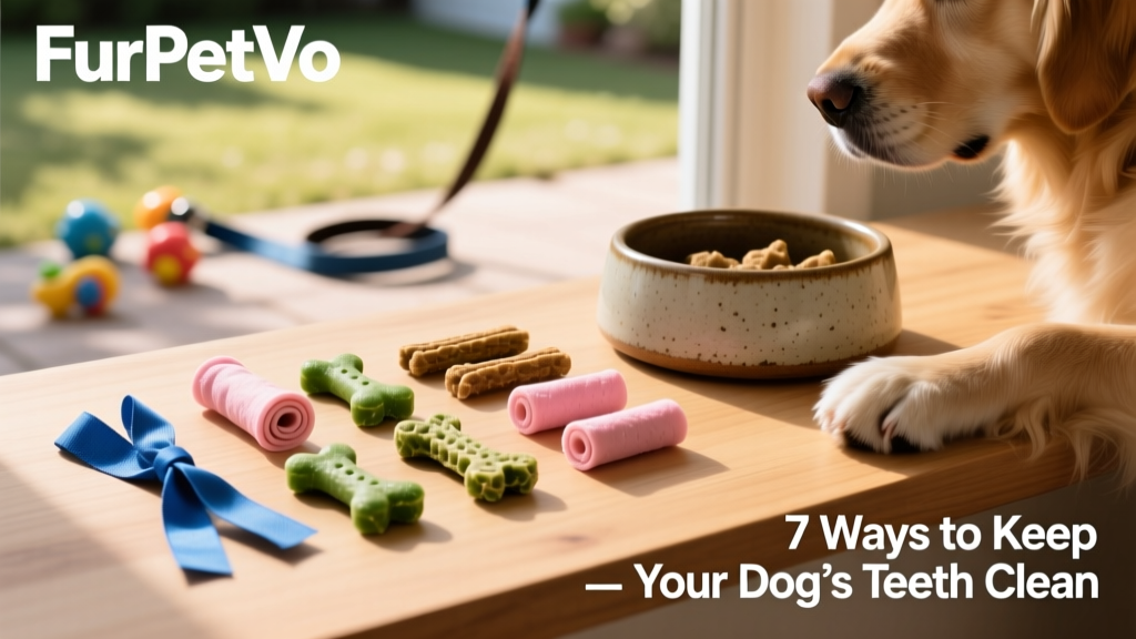 Assorted FurPetVo dental chews arranged on a clean surface next to a dog’s bowl