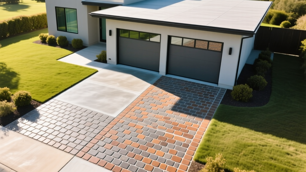 Aerial view of a newly poured stamped concrete driveway with a cobblestone pattern leading to a modern two-car garage in bright sunlight