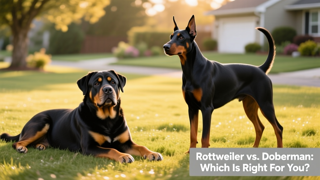 Side-by-side comparison of a relaxed Rottweiler and an alert Doberman standing on grass