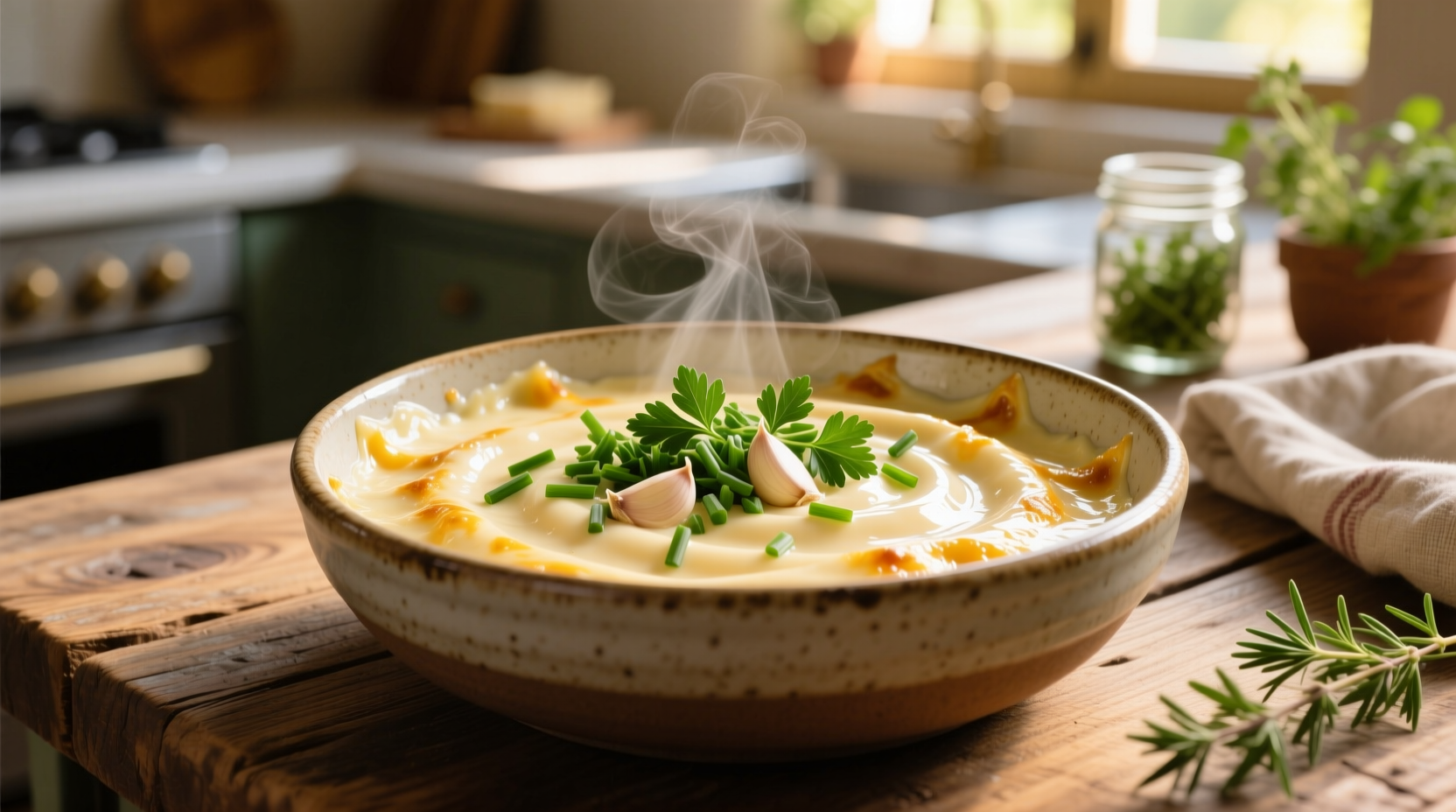 Creamy parmesan garlic sauce in bowl with fresh herbs