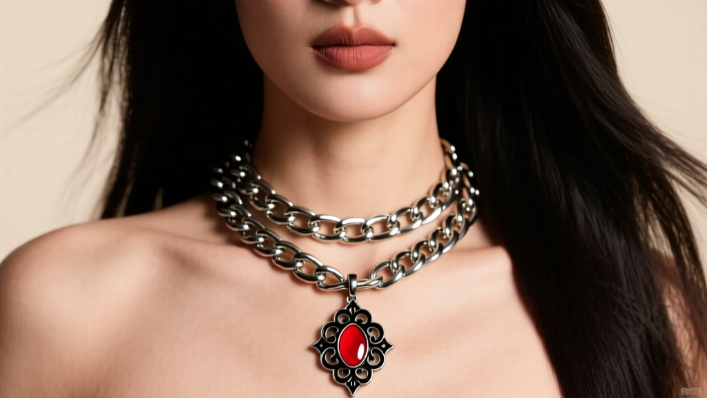 Person wearing a layered necklace setup featuring a thick stainless steel curb chain and a smaller gothic enamel pendant.