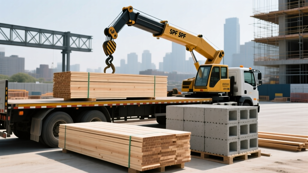 Flatbed truck unloading SPF framing lumber and concrete masonry units at an urban construction site via knuckle-boom crane