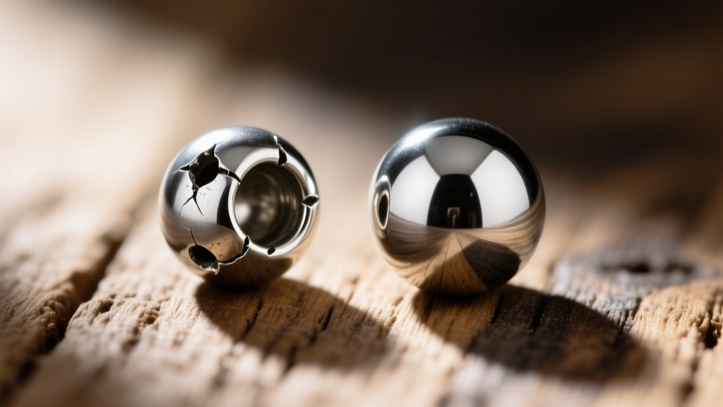 Close-up showing a dented hollow silver bead next to a flawless solid 925 sterling silver sphere on a wooden jeweler's workbench