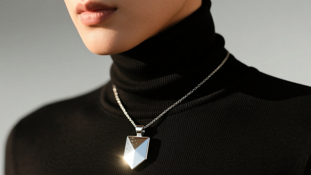 Close-up of a person wearing a 316L steel container necklace over a black turtleneck, pendant catching warm directional sunlight.