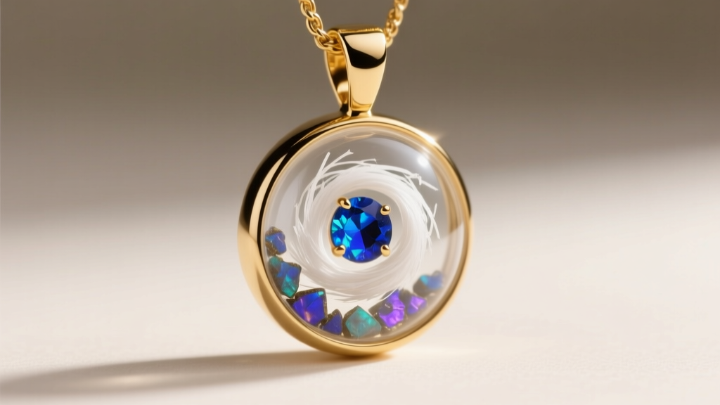 Close-up of a 14k gold pendant containing a swirl of white cremated ashes and crushed blue opals suspended in clear jewelry resin