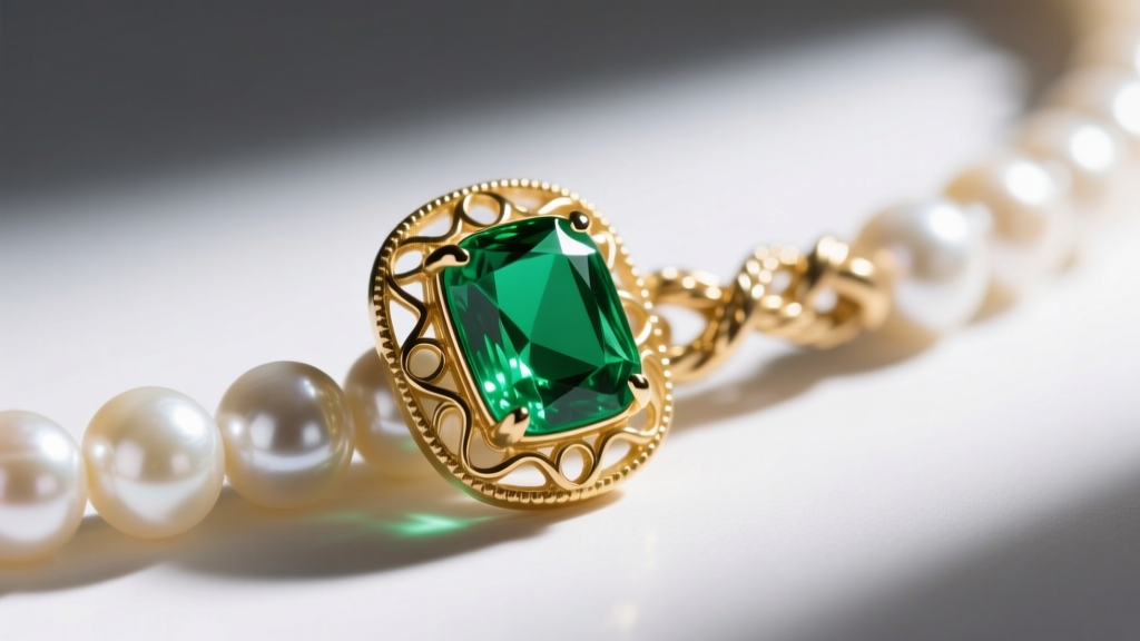 Macro photo of emerald bezel setting beside knotted pearl strand, showing a protective gold rim around the fragile green gemstone.
