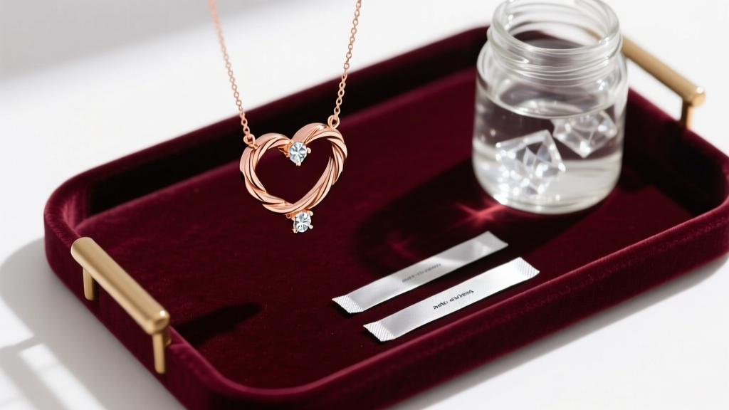 Overhead view of a velvet tray holding a coiled floating heart necklace, beside anti-tarnish strips and a glass cleaning jar.