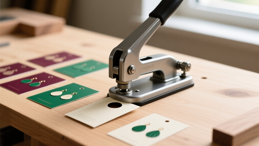 Manual heavy-duty paper punch tool cutting precise 2mm holes into custom printed earring holder cards on a wooden workbench surface