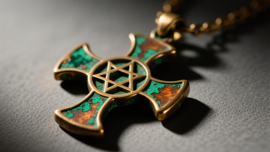 Raw brass rosicrucian cross pendant showing natural patina and verdigris edges, photographed in warm, moody directional lighting.