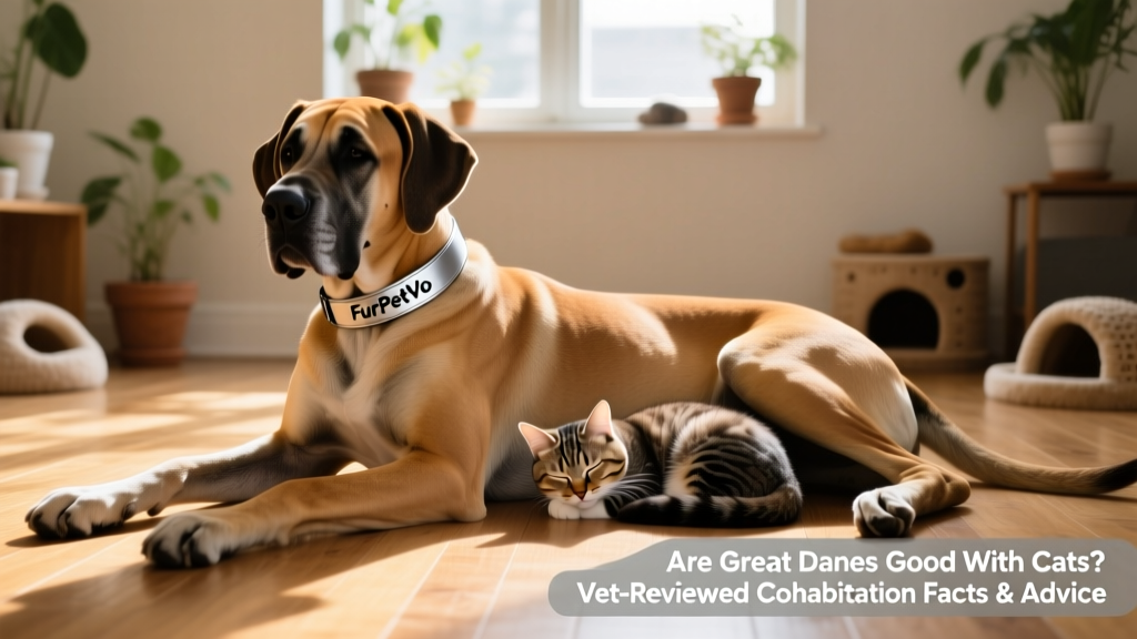 Side-by-side comparison: a Great Dane resting calmly next to a curled-up cat, with a FurPetVo collar visible on the dog