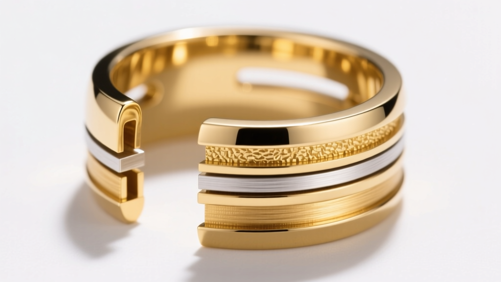 Cross-section diagram comparing thick gold layers of vermeil and gold-filled ear cuffs against a thin electroplated brass core.