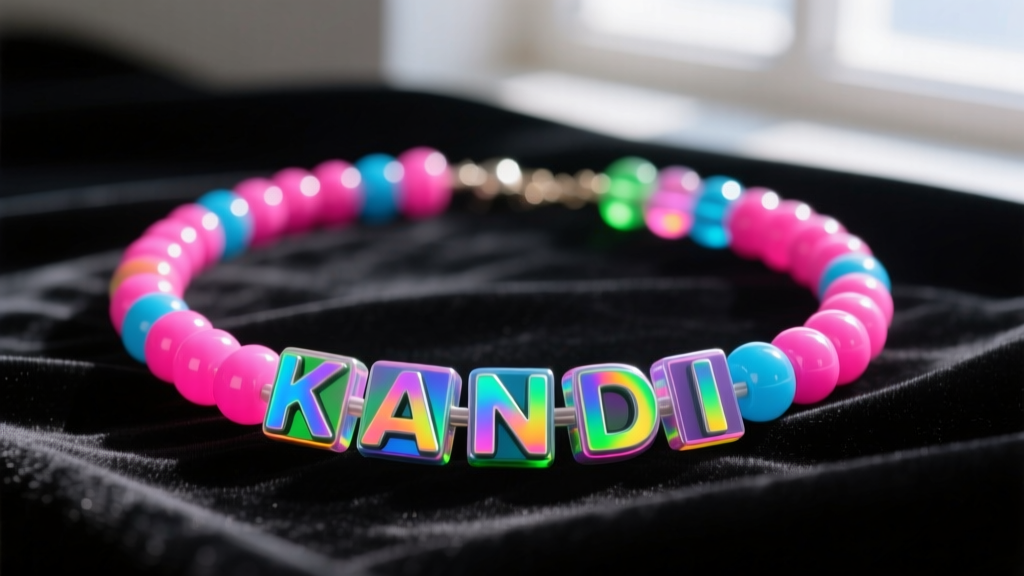 Vibrant rave kandi necklace with UV-reactive 6mm acrylic pony beads and holographic letter beads resting on dark velvet fabric.