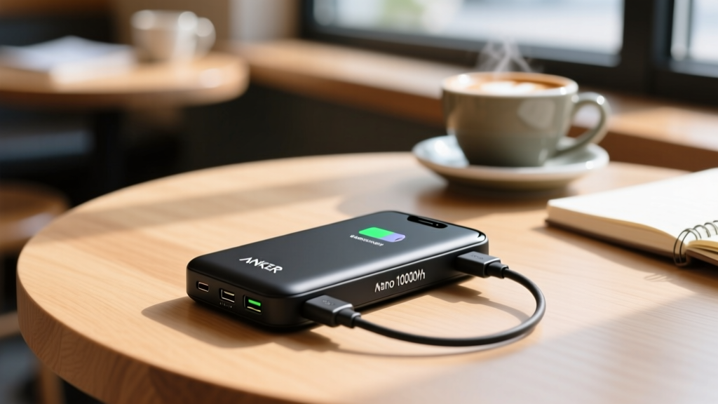 Close-up of the Anker Nano 10000mAh power bank with its built-in USB-C cable plugged into a smartphone resting on a coffee shop table