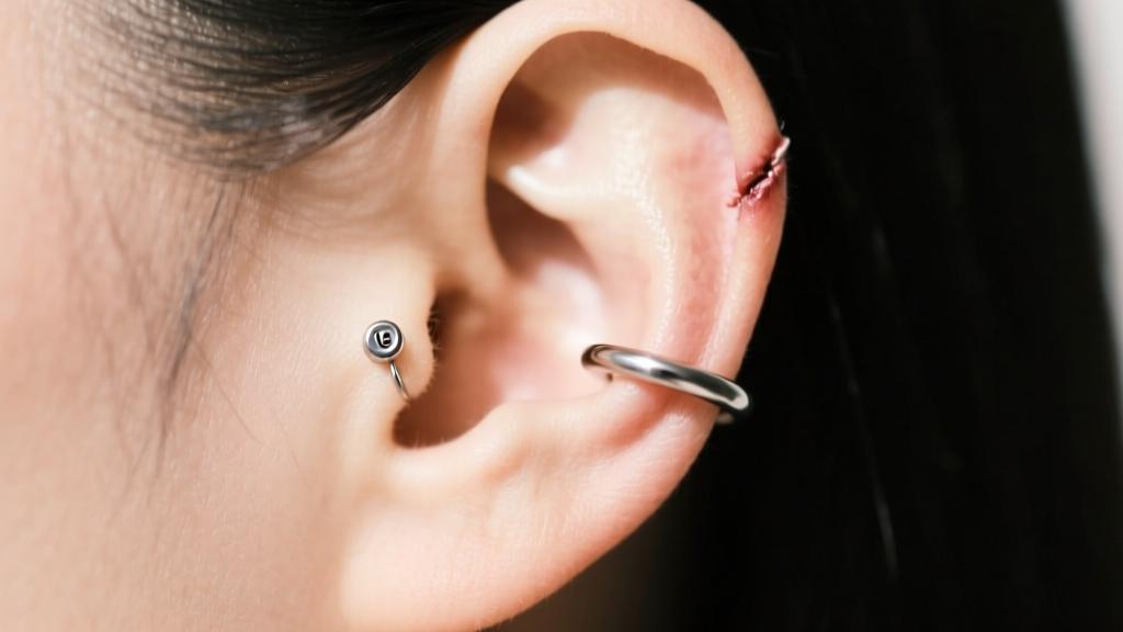 Side profile of a healed helix piercing wearing a 16-gauge titanium seamless hoop, sharp focus on ear cartilage and metal finish.