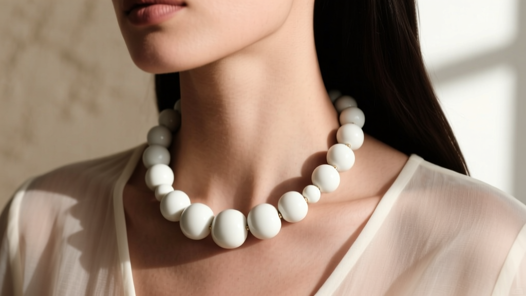 Chunky white ceramic beaded necklace resting on a collarbone, demonstrating proper weight distribution and graduated bead sizing