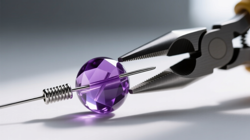 Hands threading steel wire through a purple amethyst bead, showing a silver crimp tube and flat-nose pliers in sharp focus.