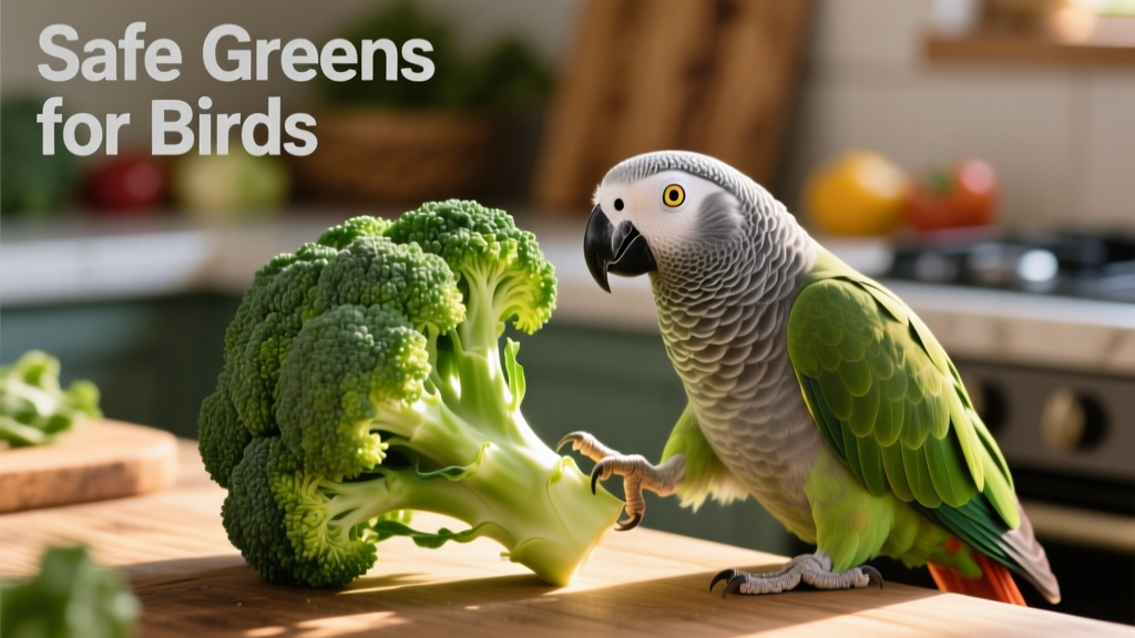 A vibrant green broccoli floret next to a curious parrot