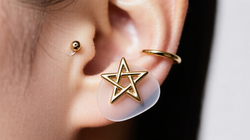 Brass pentagram ear weight on a stretched 0g lobe, using a clear silicone support patch to ensure comfortable and safe daily wear