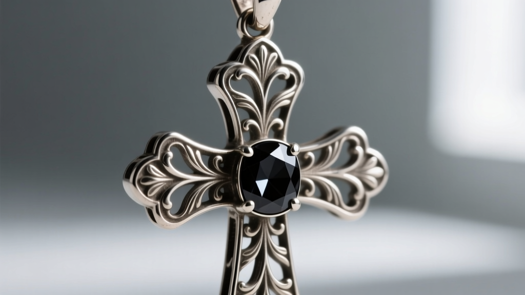 Macro shot of an oxidized sterling silver cross pendant with deep floral scrollwork and a central black spinel cabochon gemstone.