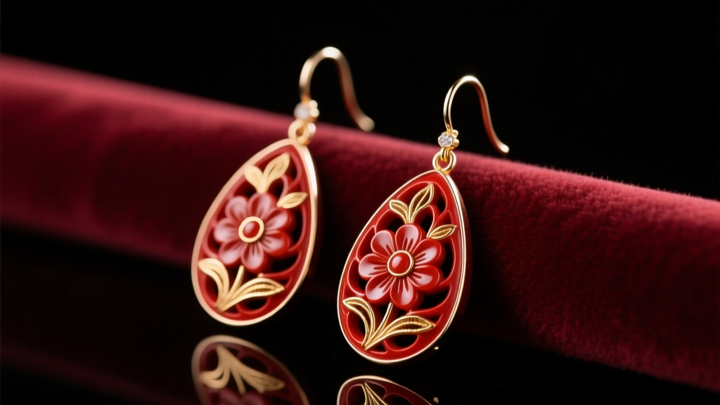 Carved red cinnabar lacquer drop earrings on velvet, showing floral motifs and gold wire under soft studio light.