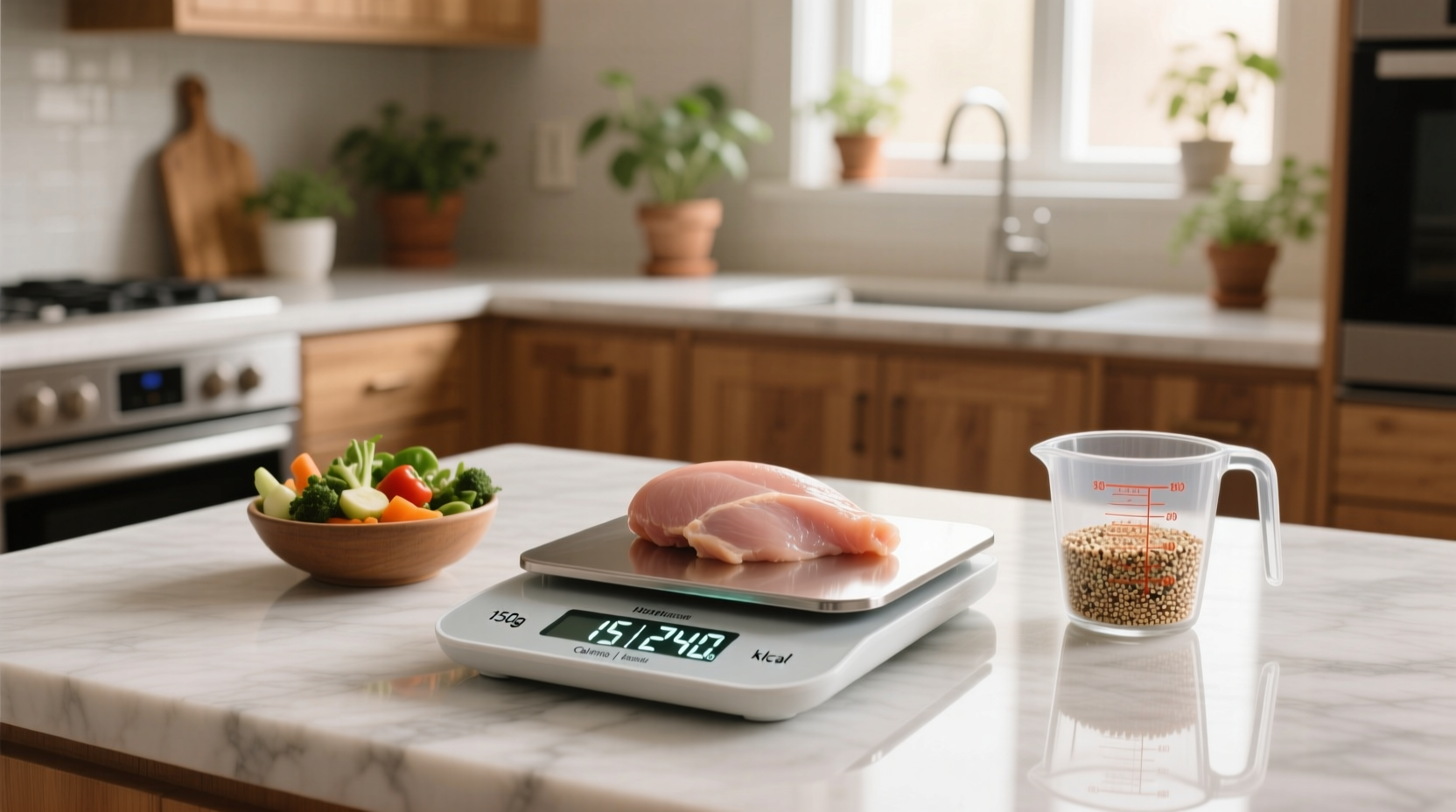 Kitchen scale measuring food portions for calorie counting