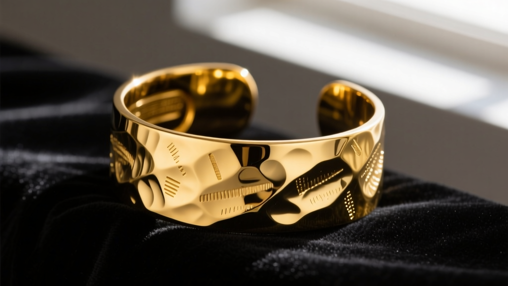 Macro photography of a heavy 18k yellow gold statement cuff resting on dark velvet, highlighting the rich, unalloyed color.