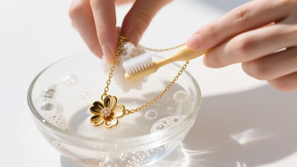 Hands gently scrubbing a gold flower chain necklace with an ultra-soft baby toothbrush and mild soapy water in a small glass bowl.