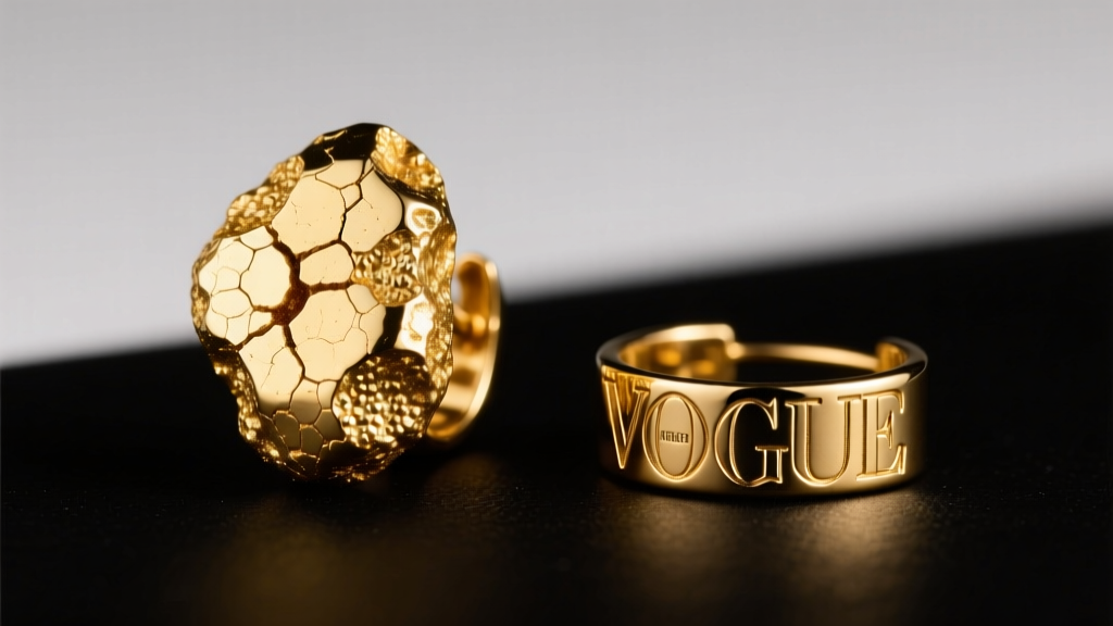Macro shot of a pitted natural gold nugget earring next to a casted fake, showing texture contrast under bright studio lighting.